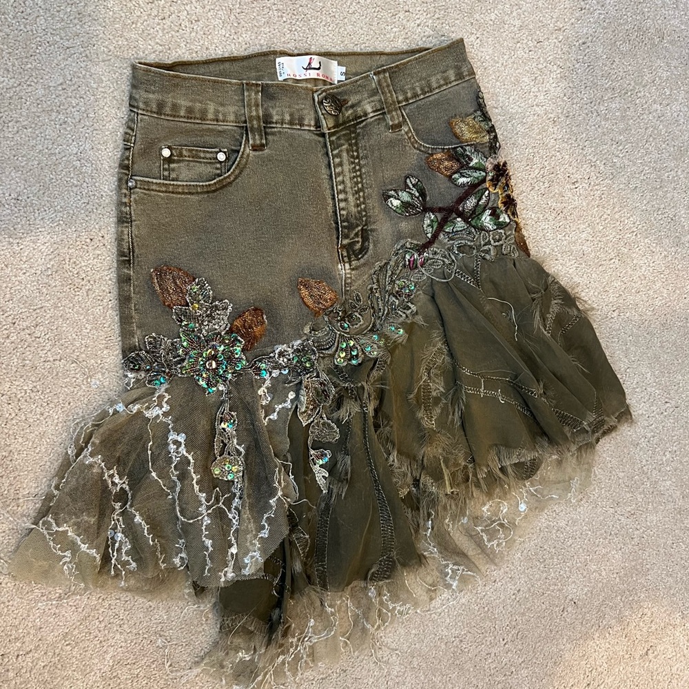 Rossi Roma Vintage Beaded Embroidered Olive Green Fairy Denim Skirt